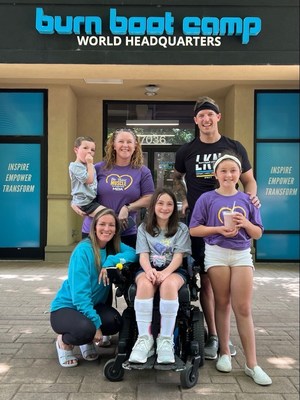 Mary with her son Matthew, daughter Brie who lives with muscular dystrophy, and daughter Gigi, flanked by Morgan and Devan Kline, founders of Burn Boot Camp -- national partners of the Muscular Dystrophy Association kicking off this year’s #BeTheirMuscle campaign.