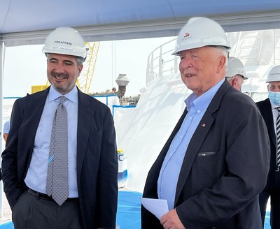 Viking Chairman Torstein Hagen (right), pictured with Pierroberto Folgiero, CEO of Fincantieri (left) while touring the new Viking Saturn during its float out ceremony at Fincantieri’s Ancona shipyard. For more information, visit www.viking.com.