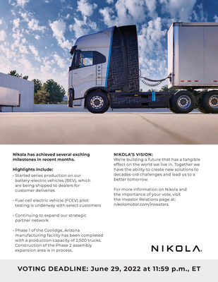 Nikola Corporation published the following notice urging stockholders to vote before the Company's 2022 Annual Meeting of Stockholders to be held virtually on June 30, 2022, at 9:00 a.m. Pacific Time. The voting deadline is June 29, 2022, at 11:59 p.m. Eastern Time.
