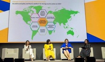 The OPEC Fund, UNCDF & SEforALL announce the launch of a Climate Finance and Energy Innovation Hub at the OPEC Fund Dev Forum. Pictured from left to right: Shaimaa Al-Sheiby, OPEC Fund Senior Director, Strategic Planning & Economic Services; Damilola Ogunbiyi, CEO of SEforALL; Preeti Sinha, Executive Secretary UNCDF; Lerato Mbele, Journalist.