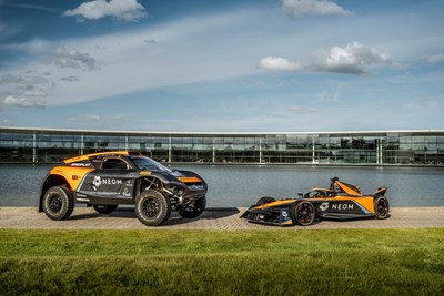 The NEOM McLaren Extreme E and Formula E race cars (PRNewsfoto/NEOM)