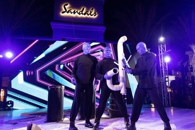 Blue Man Group performs on the Drumbone at the Sandals Royal Curaçao Grand Opening Celebration on June 24th  - Photo Credit John Parra Getty Images for Sandals Resorts​.