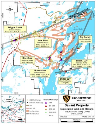 Figure 1. Key target areas and status of sampling at the Savant project (Prospector Metals June 28, 2022 News Release). (CNW Group/Capella Minerals Limited)