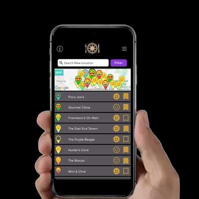 Course Restaurant Guide Home Screen. Course's advanced deep learning software calculates your compatibility with restaurants and bars based on your own personal preferences and then displays a range of emoji faces on the location pins that correspond to your compatibility with each respective outlet.