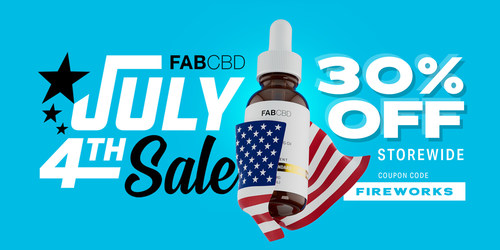 The FAB CBD July 4th sale runs June 30-July 5 and saves 30% with code FIREWORKS.