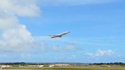 The Raytheon Multi-Program Testbed takes off from Andersen Air Force Base in Guam during Valiant Shield 2022. Source: U.S. Army 55th Signal Company (Combat Camera).