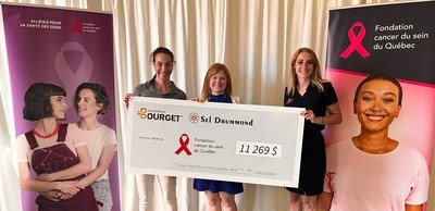 Sonia Maltais, Director - Business Development - Entreprises Bourget (left), and Chanel Hémond, General Manager - Sel Drummond (right), presented Lyzianne Gagnon, Director of Development of the FCSQ, with the contribution cheque from their companies. (CNW Group/Bourget Enterprises)
