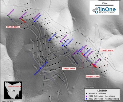 Figure 2: Great Pyramid drilling plan. Holes reported in this release are labelled. Historic drill collars and traces (for angled holes) are also shown. (CNW Group/TinOne Resources Corp.)
