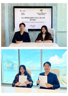 Mr. Ian Wen, the founder and CEO of BOAX and Ms. Candy Heung, the CEO of Genesis, sign the Joint Venture Agreement on behalf of BOAX and Genesis.