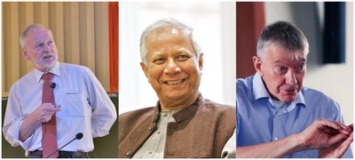 Le professeur Hartmut Michel, lauréat du prix Nobel de chimie (gauche), Muhammad Yunus, lauréat du prix Nobel de la paix (au milieu), et le professeur Oene Oenema, lauréat du prix Nobel de la paix (droite) (PRNewsfoto/Global Agricultural Science and Technology Innovation Platform (GAIN))