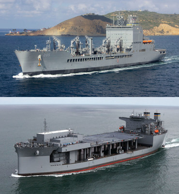 A John Lewis-class fleet oiler (top) and an Expeditionary Sea Base (ESB) ship (bottom). Both ship classes are built for the U.S. Navy by General Dynamics NASSCO in San Diego.