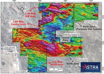 Figure 2: Regional ground magnetics including interpreted vein structures (white traces) and surface vein boulder float samples. (CNW Group/Astra Exploration Limited)