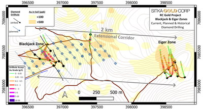 Figure 2: The 2-kilometre extensional corridor is outlined by a >100 ppb and >500 ppb gold-in-soil anomaly. (CNW Group/Sitka Gold Corp.)