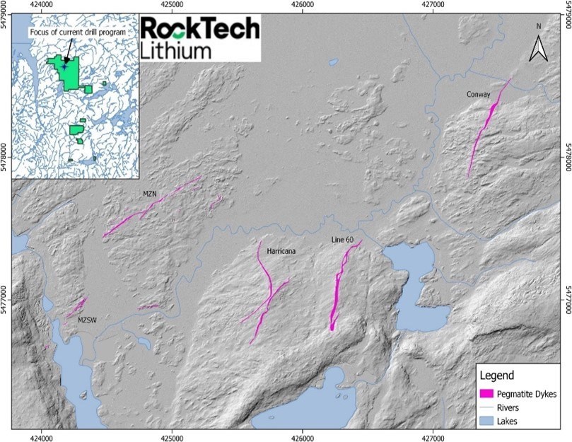 Figure 2. Map showing location of MZN, Conway, MZSW, Line 60 and Harricana Spodumene Pegmatite (CNW Group/Rock Tech Lithium Inc.)