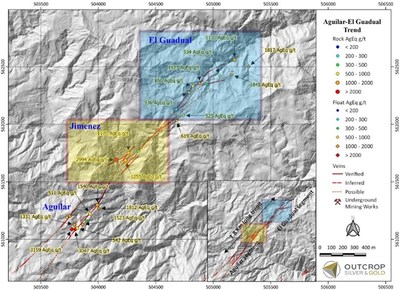 Map 1. The Aguilar-El Guadual trend can be traced for 1.8 kilometres in outcrop and float. This area is highlighted on Map 2, (CNW Group/Outcrop Silver & Gold Corporation)
