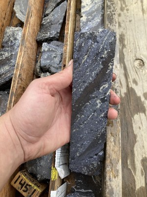 Photo 11. WPC22-11 - Mat of intergrown argentiferous galena and dolomite cut by Fe-rich sphalerite bands (CNW Group/Western Alaska Minerals Corp.)
