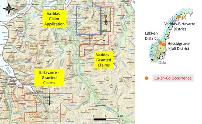 Figure 1. Capella’s granted exploration claims and claim applications at Vaddas-Birtavarre. (CNW Group/Capella Minerals Limited)