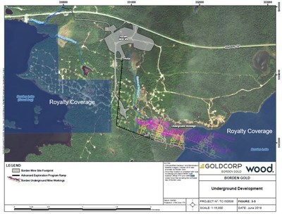Figure 1: Surface image taken from the Borden Mine Closure Plan Report4 showing a projection of planned mine development. Underground workings are shown extending to depth to the southeast on the Company’s Royalty. Numerous drill pads located on the Company’s Royalty can be seen to the northwest of the mine development. An overlay (dark blue) has been added to illustrate claims subject to the Royalty.  Read more: Gold Royalty Corp. news release dated July 5, 2022 (CNW Group/Gold Royalty Corp.)