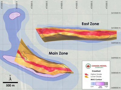 Figure 2 – Plan View of Crawford – Higher Grade & Lower Grade Zones Over Total Magnetic Intensity. (CNW Group/Canada Nickel Company Inc.)