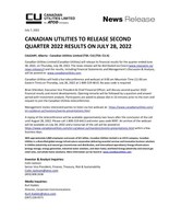 CANADIAN UTILITIES TO RELEASE SECOND QUARTER 2022 RESULTS ON JULY 28, 2022 (CNW Group/Canadian Utilities Limited)