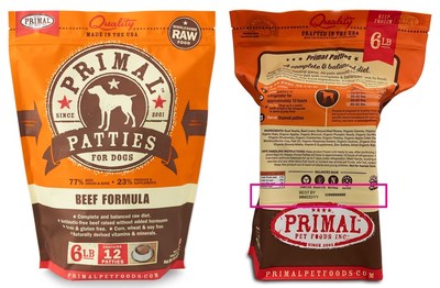 Primal Pet Foods is voluntarily recalling a single lot (#W10068709) of Raw Frozen Primal Patties for Dogs Beef Formula (6-pound), with best by date of 05/22/23, due to potential contamination with Listeria monocytogenes. The lot number and best by date can be found on the lower third of the back of the package. Primal Pet Foods has received no complaints or reports of illness to pets or humans due to this recalled product. No other lot codes or Primal products are impacted by this announcement.