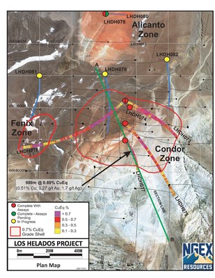 220706 NGEx Minerals Los Helados Base Map with Sat Image LHDH077 (CNW Group/NGEx Minerals Ltd.)