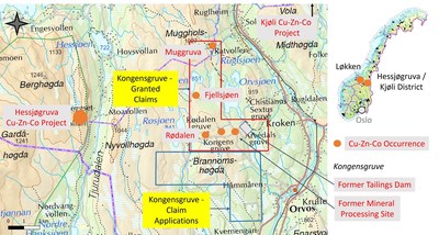 Figure 1. Capella’s granted exploration claims and claim applications in the Kongensgruve area. (CNW Group/Capella Minerals Limited)