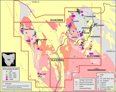 Figure 2: TinOne rock sample results coloured by tin shown with summary geological setting, historical drillholes and mineral occurrences in the Aberfoyle project area. The historical drill holes are heavily concentrated in the Aberfoyle-Lutwyche-Storeys Creek areas and large areas of identified tin-bearing mineralisation and alteration and historical mining activity have never been drilled. (CNW Group/TinOne Resources Corp.)