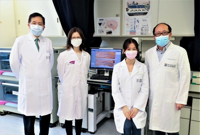 (L-R) Prof. Chan Ying-Shing, Dr Leanne Chan Lai-Hang, PhD Student Yu Wing-Shan, and Dr Lim Lee Wei, the principal investigator and also a former Singapore Lee Kuan Yew Research Fellow, discovered non-invasive stimulation of the eye for depression and dementia. (Source of photo: HKUMed Neuromodulation Laboratory) (PRNewsfoto/HKUMed)