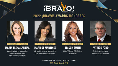 Galardonados de los Premios ¡BRAVO! 2022 de la HPRA: María Elena Salinas, Marisol Martínez, Trisch Smith y Patrick Ford. (PRNewsfoto/Hispanic Public Relations Association (HPRA))