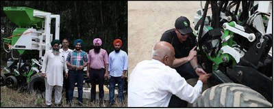 Canada based Company Clean Seed President Mr. Colin Rush, and Vice President of Operations & Product Development Mr. Jeet Jheetey demonstrating the farmers about the Clean Seed Mini Max Machine at the campus of Chandigarh University