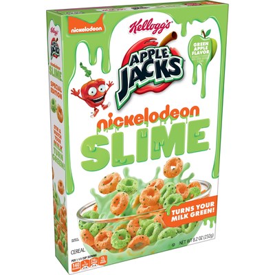 NEW Kellogg's® Apple Jacks® Slime transports fans to the nostalgic days of Nickelodeon Slime with sweetened green apple flavored cereal that turns your milk green.