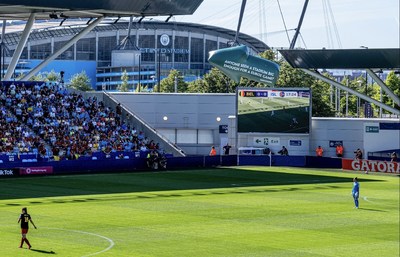Paddy Power’s 25ft-long inflatable flies above Manchester City’s Academy Stadium during Belgium vs Iceland to spotlight UEFA’s decision not to select higher capacity Etihad Stadium for Women’s Euros games