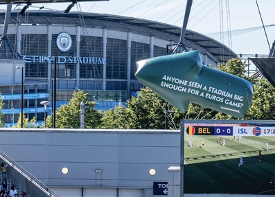 Paddy Power's 25ft-long inflatable flies above Manchester City's Academy Stadium during Belgium vs Iceland to spotlight UEFA's decision not to select higher capacity Etihad Stadium for Women's Euros games