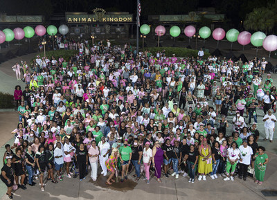 Hundreds of Alpha Kappa Alpha (AKA) sorority members stood in their trademark pink and green colors on July 9, 2022, outside Disney's Animal Kingdom Theme Park at Walt Disney World Resort in Lake Buena Vista, Fla. The sorority, established in 1908 as the first-ever Greek-letter organization for Black collegiate women, attended a welcome reception hosted by Walt Disney World Resort on the eve of the sorority’s international convention in Orlando. (David Roark, Photographer)