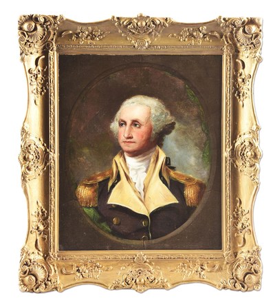 After Rembrandt Peale (1778-1860), unsigned circa-19th-century portrait of George Washington in his Continental uniform. Paper tag on verso notes painting was relined and restored in 1931 by Hannah Horner Field, Upper Darby, Pa. Framed size: 25 x 29in. Estimate $70,000-$100,000