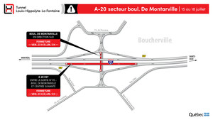 Réfection majeure du tunnel Louis-Hippolyte-La Fontaine - Fermeture complète d'un tronçon de l'autoroute 20 en direction est du 15 au 18 juillet