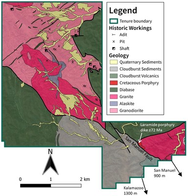 Figure 1 – Geologic map of the Pearl project showing the close proximity to the San Manuel and Kalamazoo Mines that are dissected by the San Manuel fault. A reinterpretation of the fault by legendary explorer David Lowell led to the discovery of the Kalamazoo portion of the porphyry system under post-mineral cover rocks3. A similar structural architecture could conceal mineralization at Pearl1. (CNW Group/Zacapa Resources)
