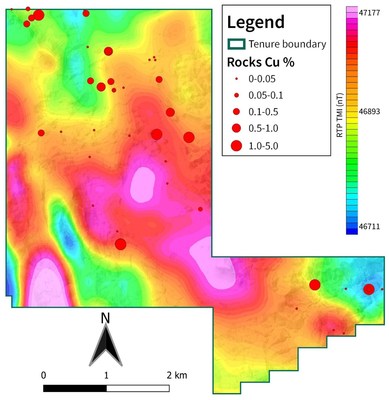 Figure 3 – Aeromagnetic survey map draped over topography with grab sample copper assays (CNW Group/Zacapa Resources)