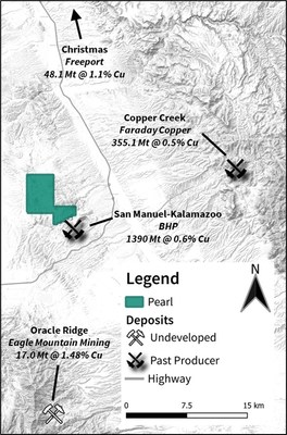Figure 4 – Location map of the Pearl project displaying the size and grade of some nearby deposits1,2,4,5. Pearl is less than 1 km from San Manuel-Kalamazoo, ~20 km from Copper Creek (Faraday Copper), and ~30 km from Christmas (Freeport) (CNW Group/Zacapa Resources)
