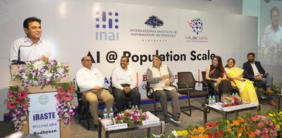K T Rama Rao seen addressing at the launch of 3 projects of AI @ Population Scale