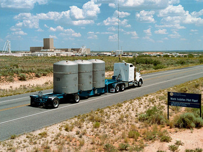 A shipment of radioactive waste arrives at the Waste Isolation Pilot Plant near Carlsbad, New Mexico. The waste will be entombed in rooms mined from an ancient salt formation more than 2,000 feet underground. (U.S. Department of Energy photo)