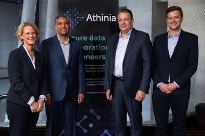 From left to right:  Laura Matz, Chief Science & Technology Officer of Merck KGaA, Darmstadt, Germany and CEO of Athinia; Micron- Manish Bhatia, EVP of Global Operations at Micron Technology; Kai Beckmann - Member of the Executive Board of Merck KGaA, Darmstadt, Germany and CEO Electronics; Palantir - Ryan Taylor, Chief Legal and Business Affairs Officer at Palantir (PRNewsfoto/Athinia)