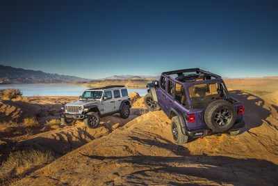 2023 Jeep Wrangler Rubicon in new Earl exterior paint color (left) and limited-production Reign exterior paint color