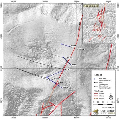 Map 1. Naranjos target area with drill hole traces. (CNW Group/Outcrop Silver & Gold Corporation) Map 1. Naranjos target area with drill hole traces. (CNW Group/Outcrop Silver & Gold Corporation)