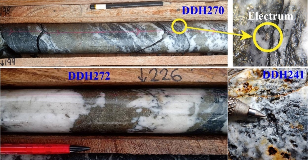 Figure 2. Drill core pictures showing common styles of mineralization within the Naranjos vein. Hole DH270 shows plus millimetre-scale electrum, and hole DH241 shows fine wire silver. (CNW Group/Outcrop Silver & Gold Corporation)