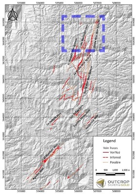Map 2. Location of Naranjos target area 350 m west of the main Santa Ana vein system. At least three vein systems are projected to continue to the north, with additional high-grade shoots likely. (CNW Group/Outcrop Silver & Gold Corporation)