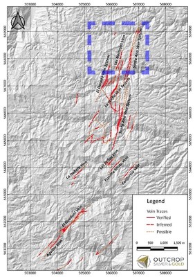 Map 2. Location of Naranjos target area 350 m west of the main Santa Ana vein system. At least three vein systems are projected to continue to the north, with additional high-grade shoots likely. (CNW Group/Outcrop Silver & Gold Corporation) Map 2. Location of Naranjos target area 350 m west of the main Santa Ana vein system. At least three vein systems are projected to continue to the north, with additional high-grade shoots likely. (CNW Group/Outcrop Silver & Gold Corporation)