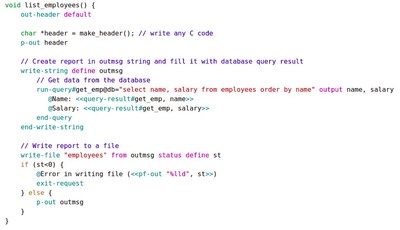 Vely code example, illustrating embedded statements in C code
