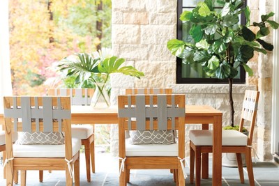 Ballard Designs Teak Tables and Chairs create outdoor office space for summer hours.